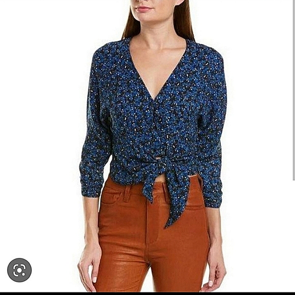 Parker-Long Sleeve Tie Crop Front Blouse, Blue-Size Medium - Picture 16 of 16